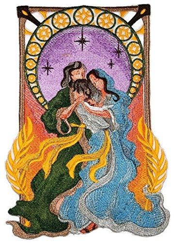 Embroidered patch featuring Mary, Joseph, and Jesus in Art Nouveau style, measuring 5.86" x 8.56".